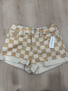 PacSun Beige & Cream Checkerboard High-Rise Shorts